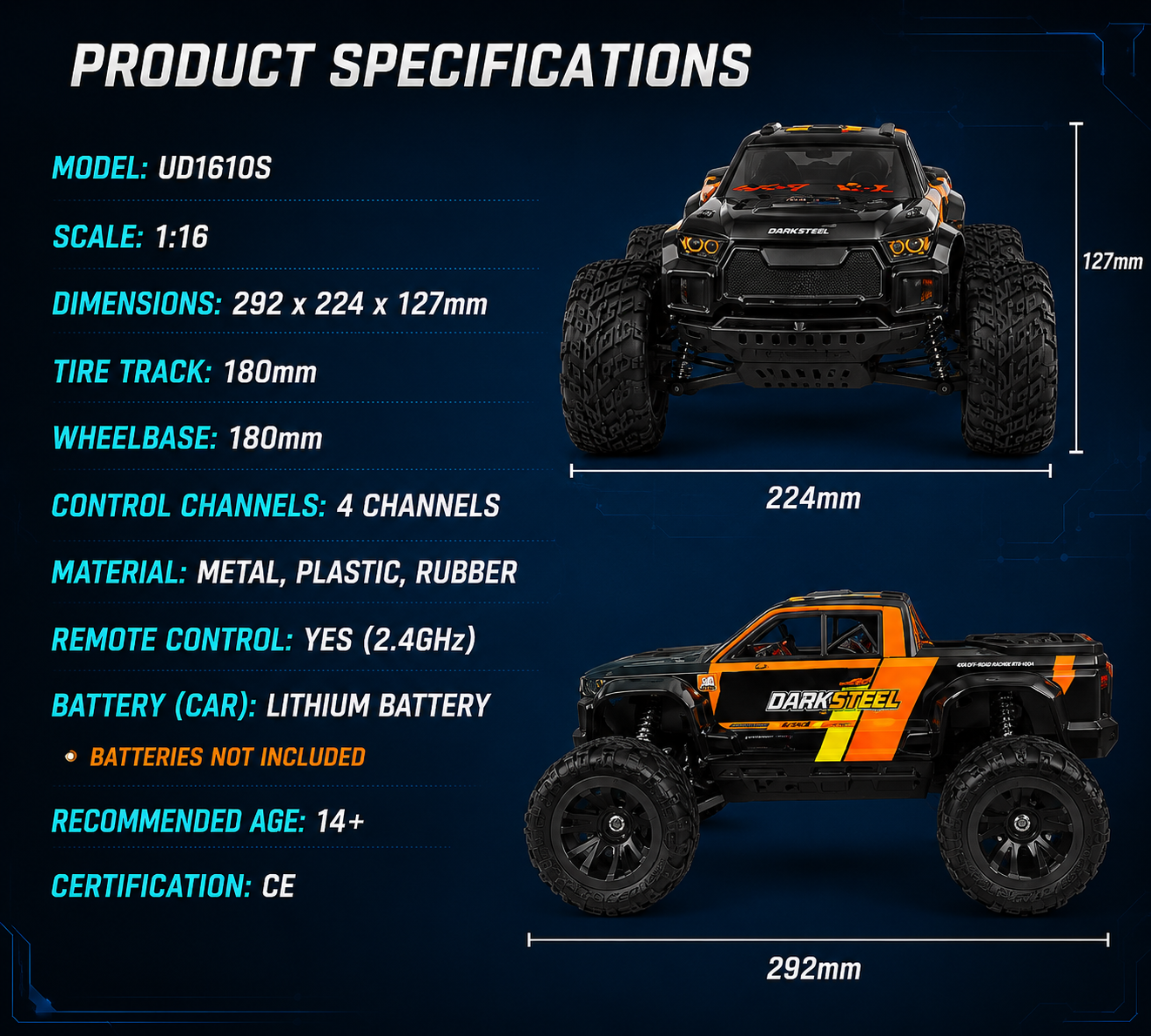 1:16 Dark Steel RC Monster Truck ( Brushless )