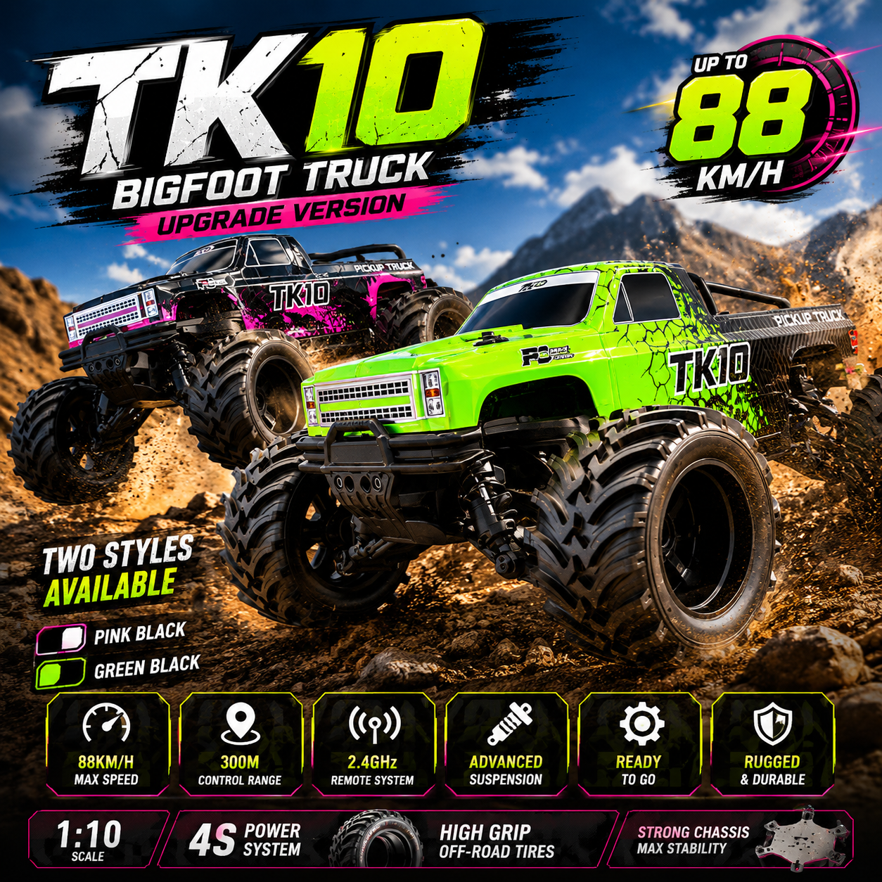 1/10 TK10 88KM/H Brushless Waterproof High-Speed 4WD RC Monster Truck