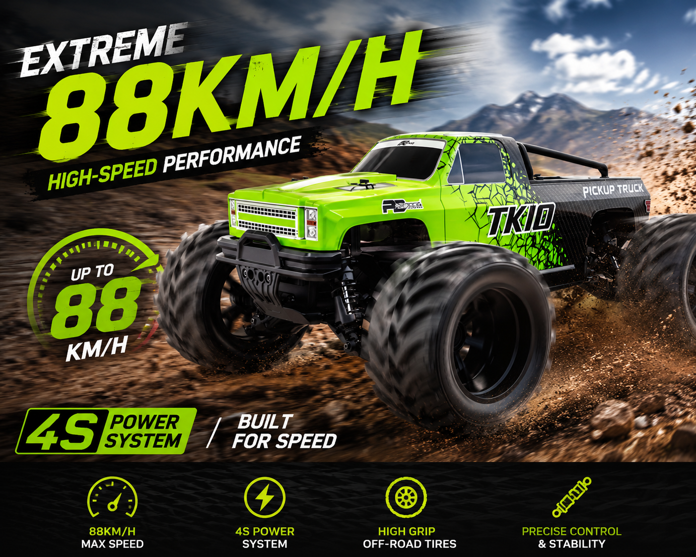 1/10 TK10 88KM/H Brushless Waterproof High-Speed 4WD RC Monster Truck