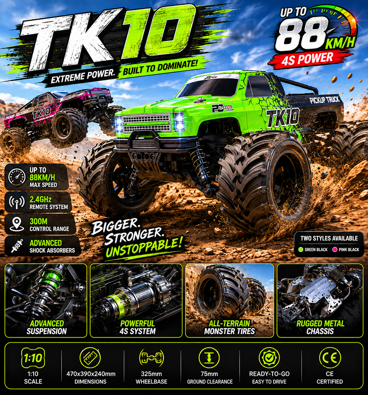 1/10 TK10 88KM/H Brushless Waterproof High-Speed 4WD RC Monster Truck