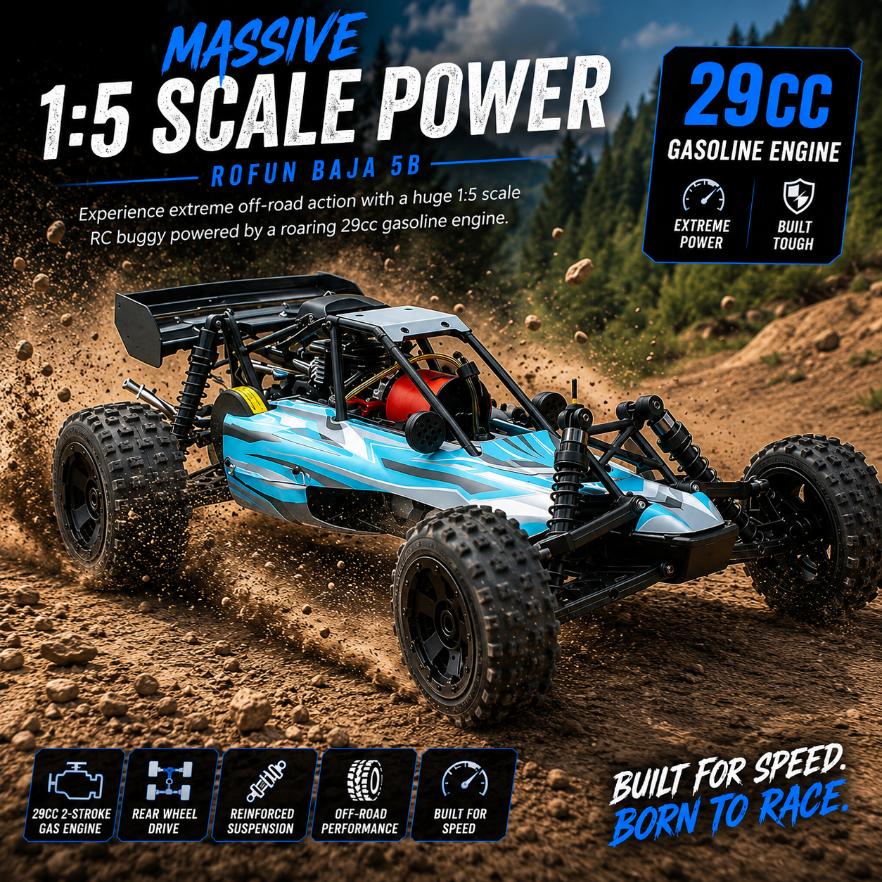 ROFUN Baja 5B 1:5 Scale 29CC Gas Powered RC Buggy – 2 Stroke