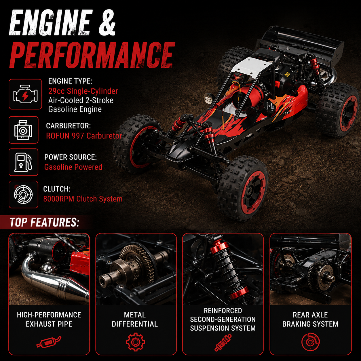 ROFUN Baja 5B 1:5 Scale 29CC Gas Powered RC Buggy – 2 Stroke