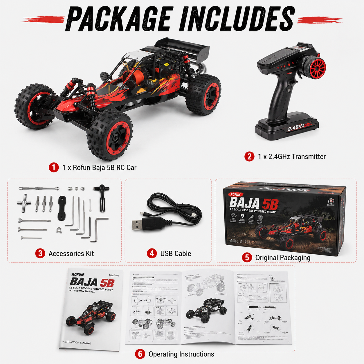 ROFUN Baja 5B 1:5 Scale 29CC Gas Powered RC Buggy – 2 Stroke